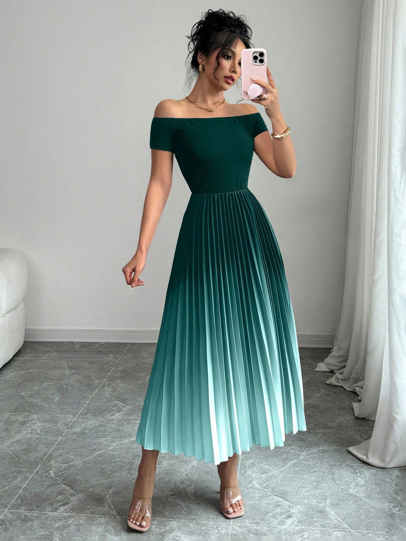 Elegant Off-shoulder Pleated Gradient-color Bodycon Dress For Women