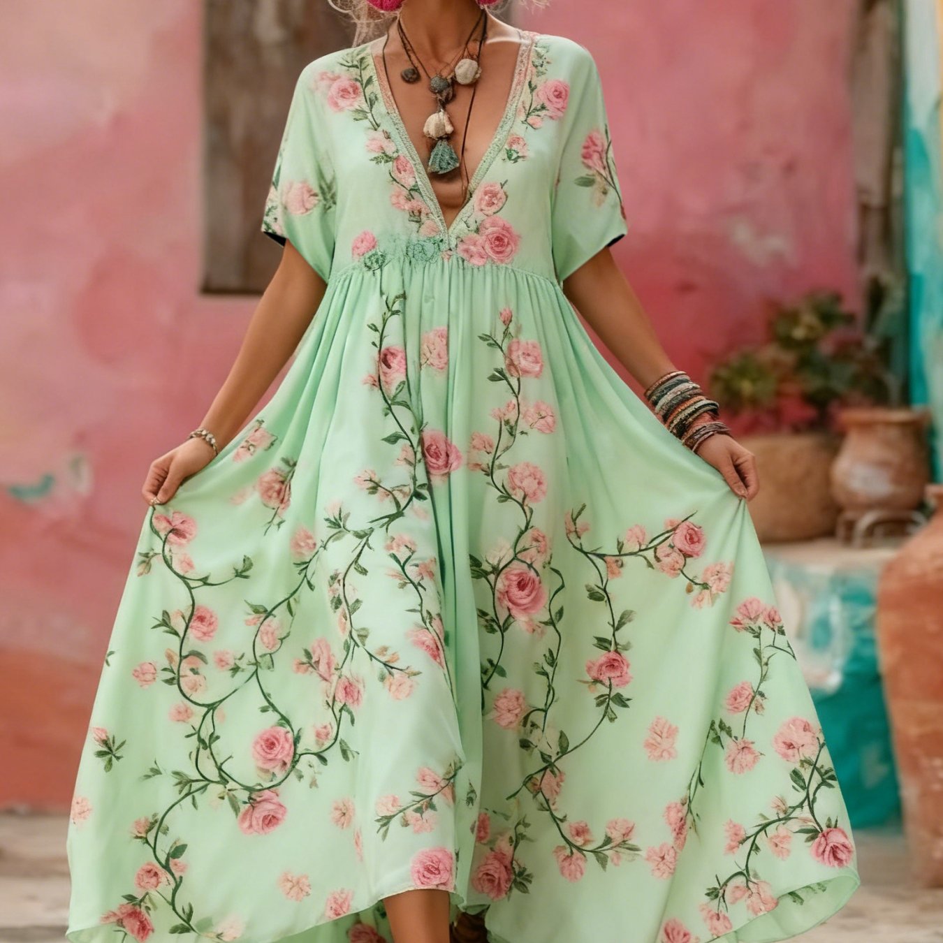 Womens Loose-fitting Casual Short-sleeve Deep V-neck Dress