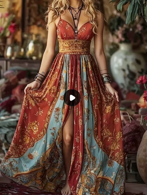 Bohemian Sling Printed Split Maxi Dress