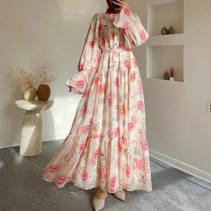 Round-neck Flared-sleeve Buttoned Dress With An Elegant Floral Design