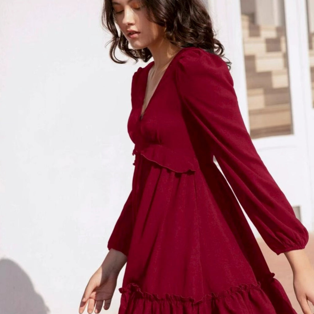 Womens Retro Wine-Red V-Neck Dress With Puff Sleeves