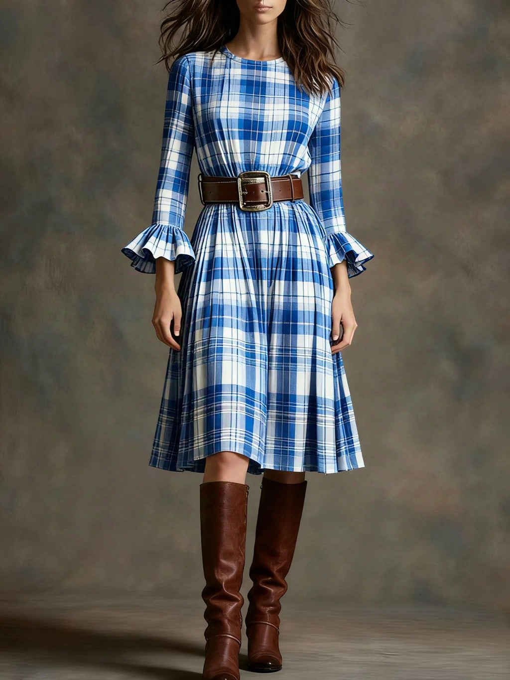Retro Plaid Slimming Dress With Flared Sleeves For Women