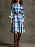 Retro Plaid Slimming Dress With Flared Sleeves For Women