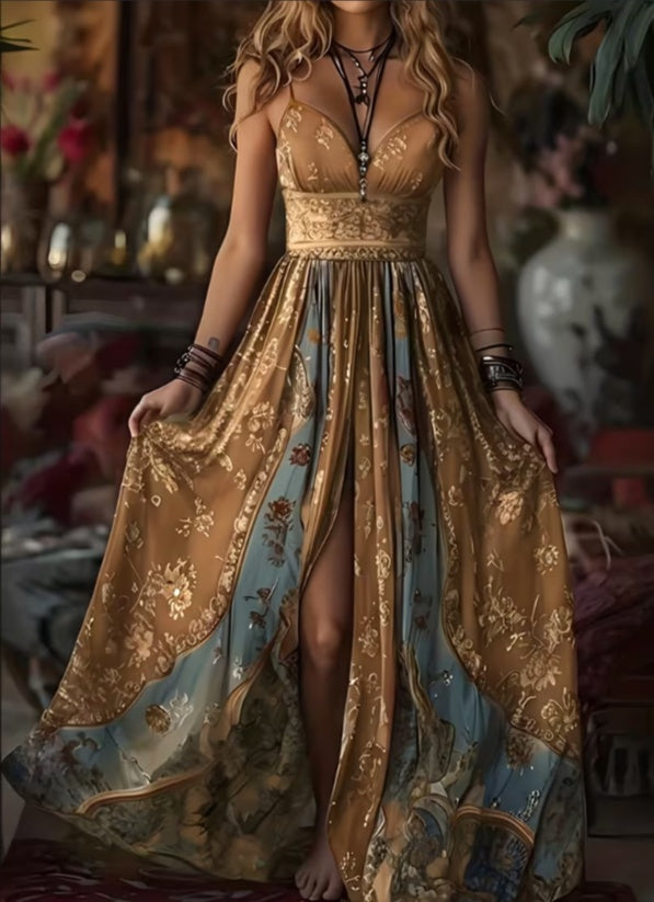 Bohemian Sling Printed Split Maxi Dress