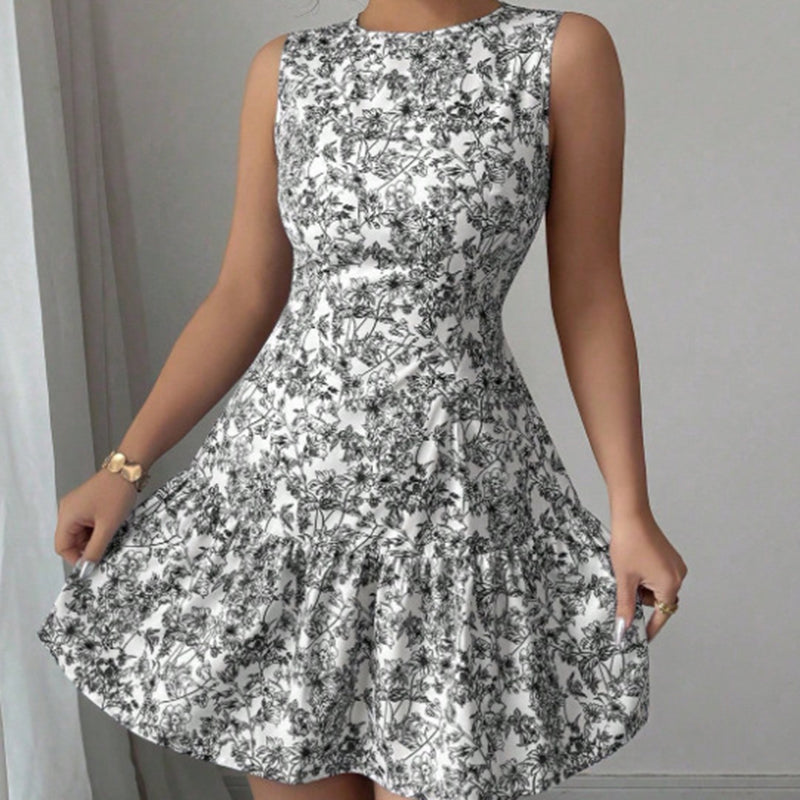 Women's Elegant Floral Print A-Line Mini Dress Sleeveless Casual Cocktail & Party Dress