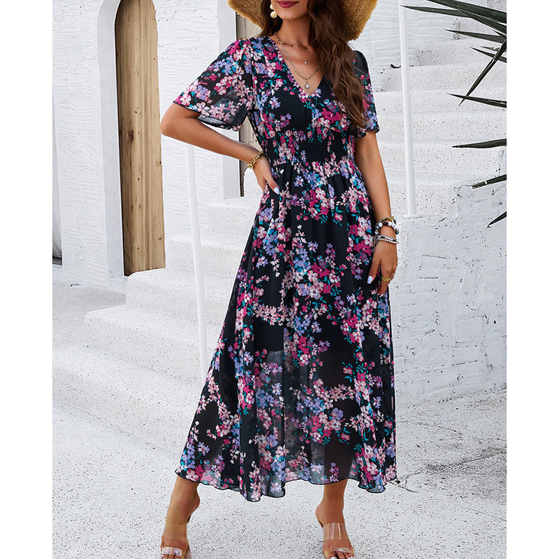 Women's Floral Puff Sleeve Midi Dress - Boho V-Neck Smocked Dress