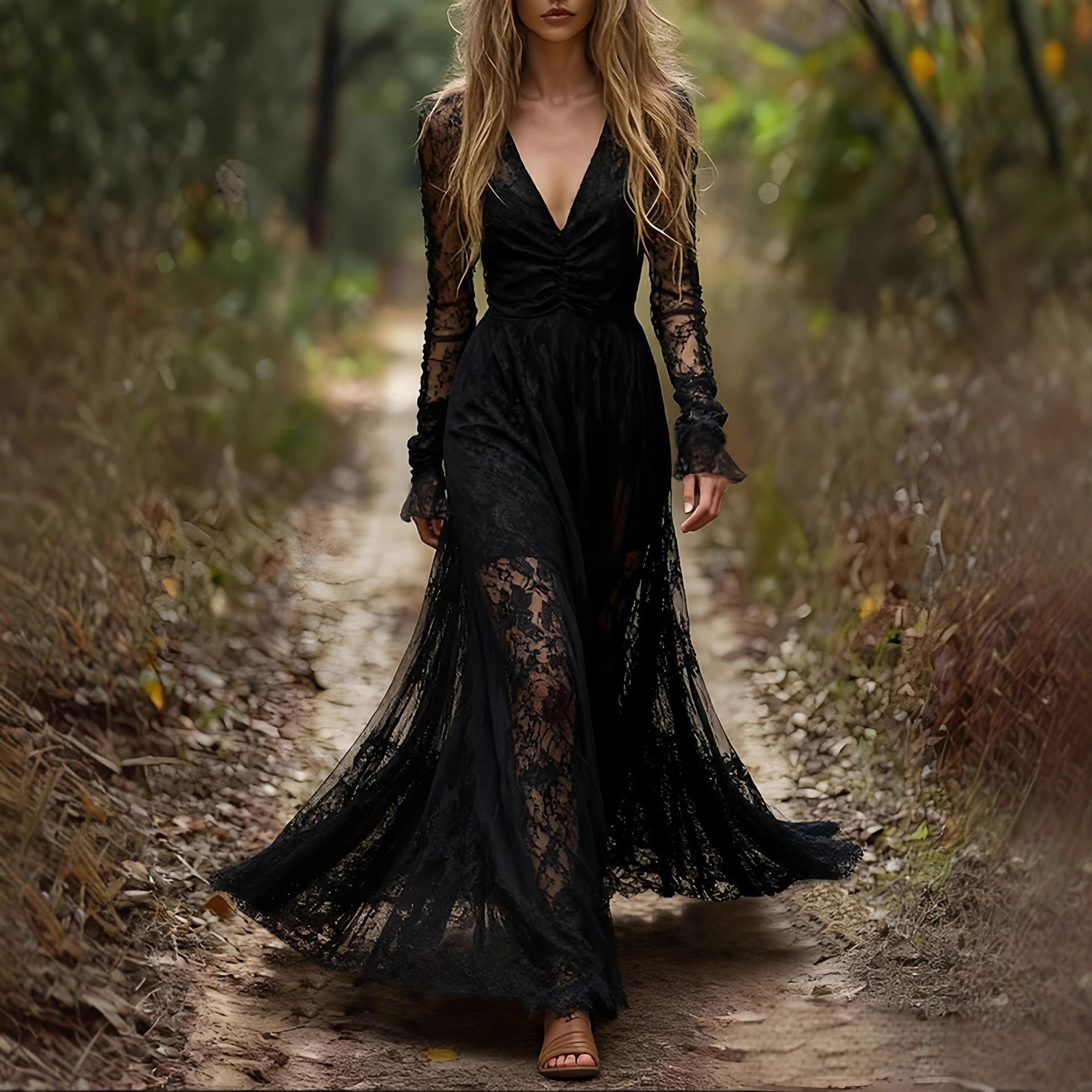 Stylish Long-sleeve V-neck Patchwork Maxi Dress