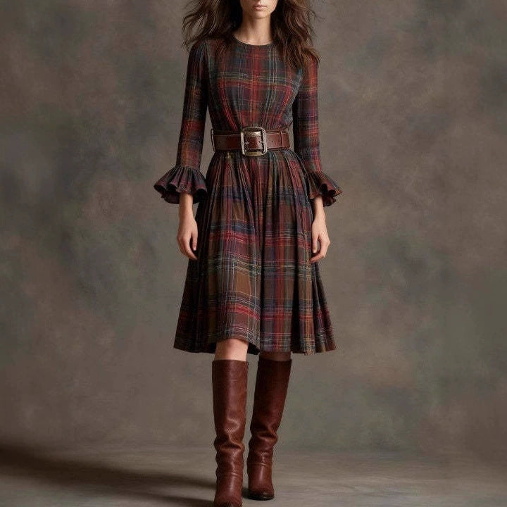 Retro Plaid Slimming Dress With Flared Sleeves For Women