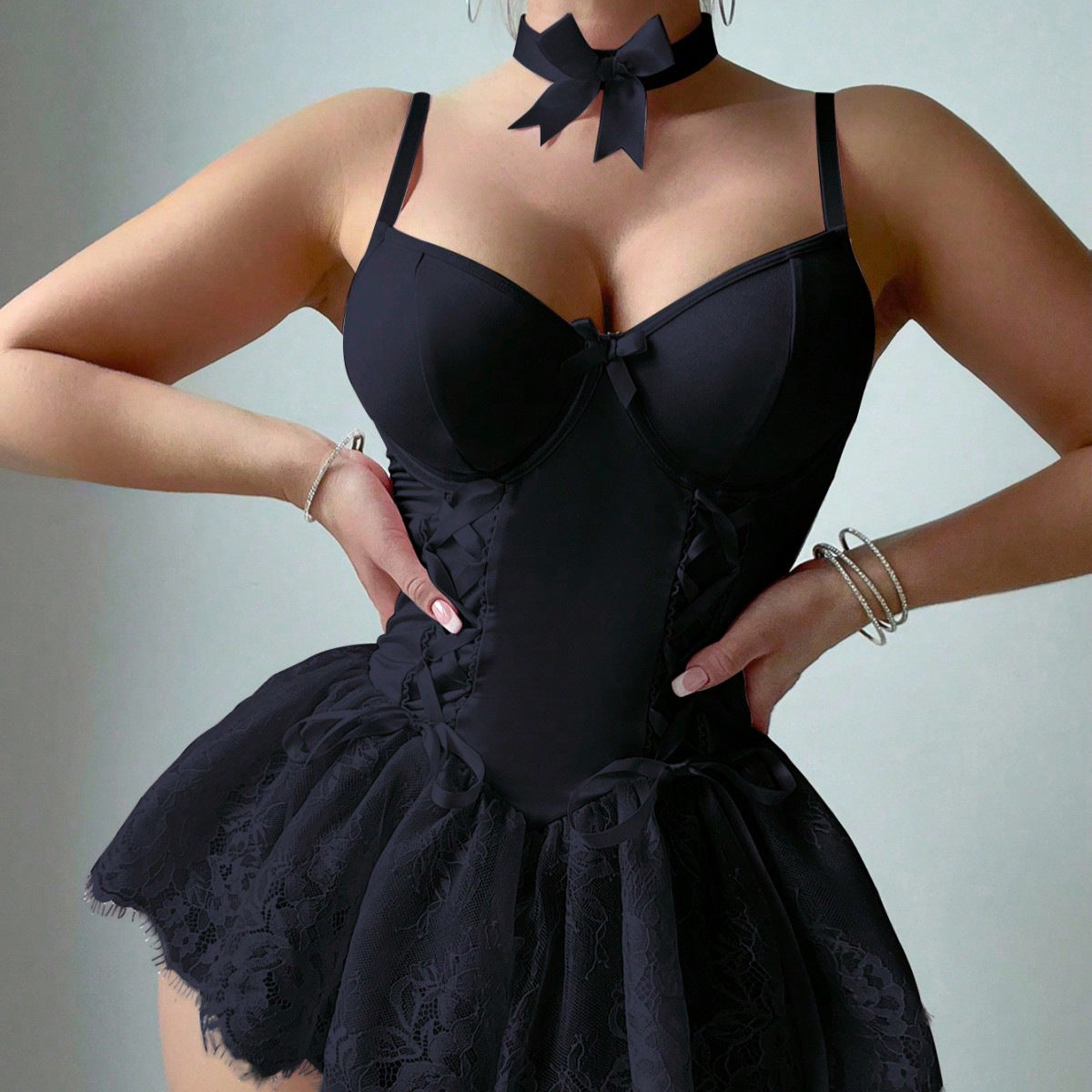 Retro Pure Style Sexy Deep V-neck Lace Dress Sexy Lingerie