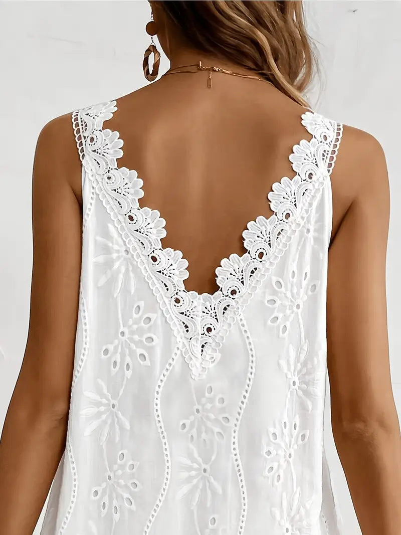 Solid-color V-neck Lace Sleeveless A-line Dress