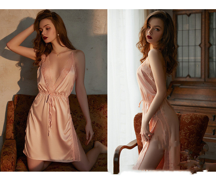 Female Big V-neck Beauty Back Sling High Slit Nightdress Sexy Lingerie