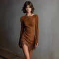 Crew-neck, Form-fitting Long-sleeve Tassel Faux Suede Dress