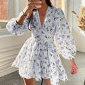 Women's Floral Puff Sleeve Mini Dress - V-Neck Ruffle Hem Casual Holiday Dress
