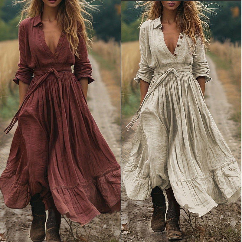 Retro Western-style Long-sleeve Casual Maxi Cotton-linen Dress