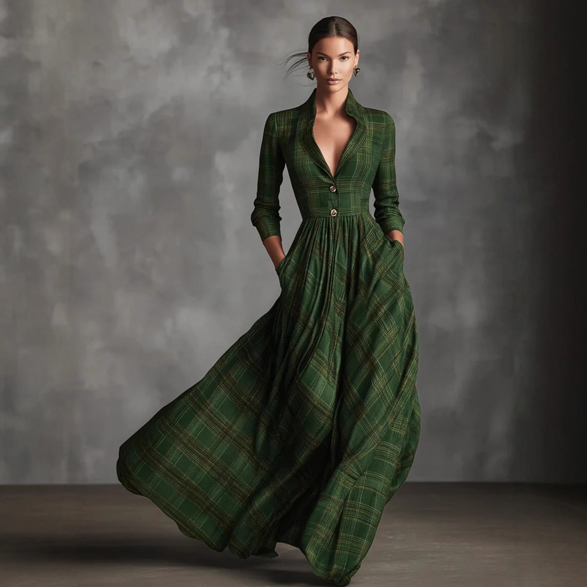 Retro V-neck Gray Plaid Linen Flared Maxi Skirt