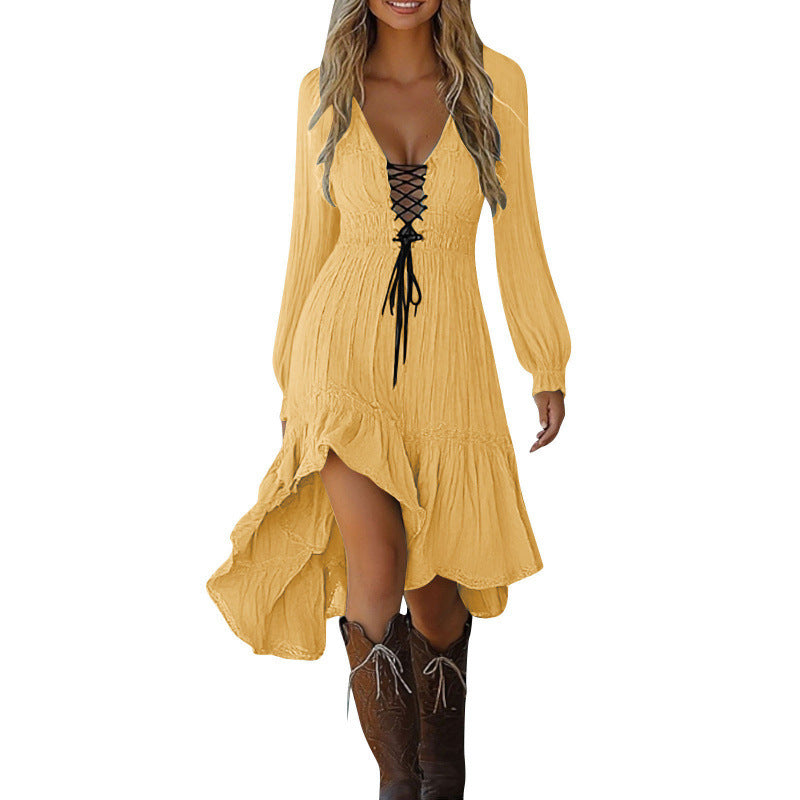 Retro V-neck Lace-up Dress In European And American Style