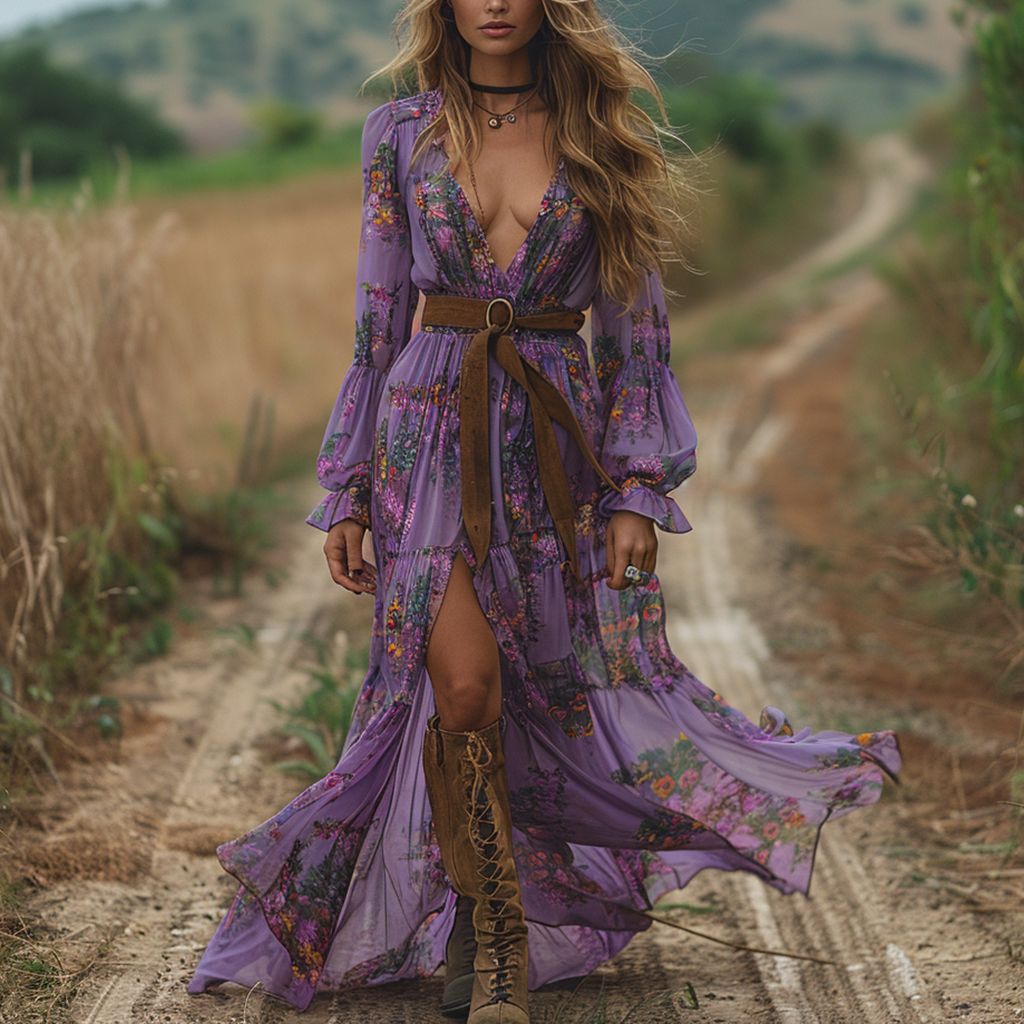 Printed V-neck Cinched-waist Bohemian Flowy Dress