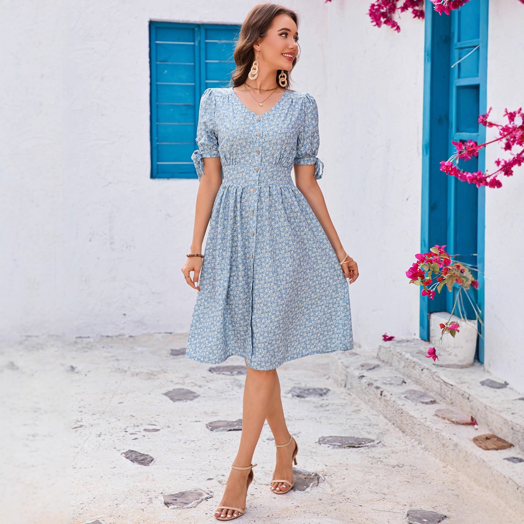 Floral V-neck Puff-Sleeve Bow-Trimmed Half-Buttoned Waist-Cinched Dress