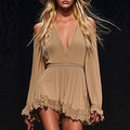 Strapless Off-the-shoulder Khaki Mini Dress With Long Sleeves