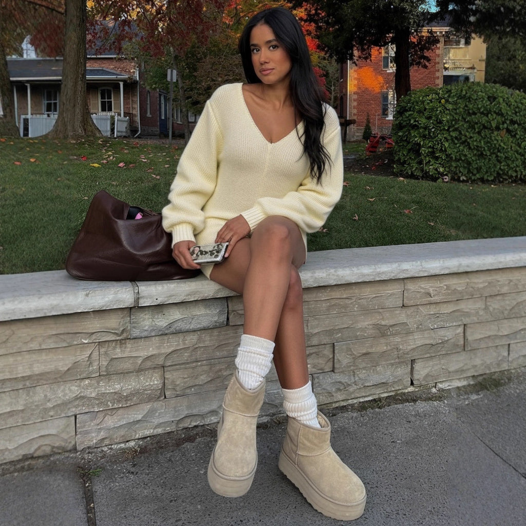 Long Sleeved Peach Neckline Bodycon Knit Dress