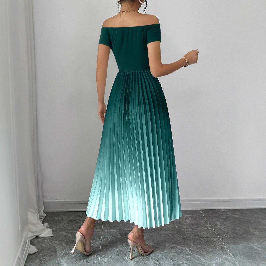 Elegant Off-shoulder Pleated Gradient-color Bodycon Dress For Women