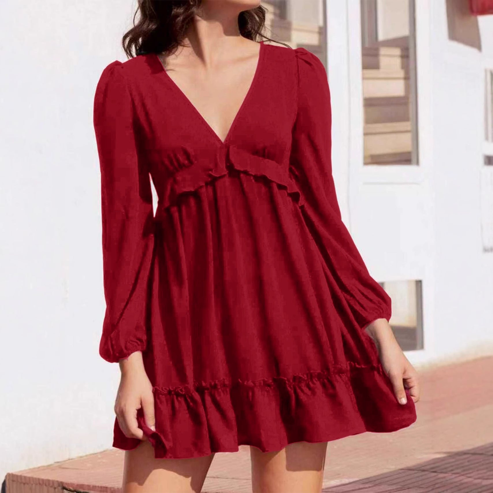 Womens Retro Wine-Red V-Neck Dress With Puff Sleeves