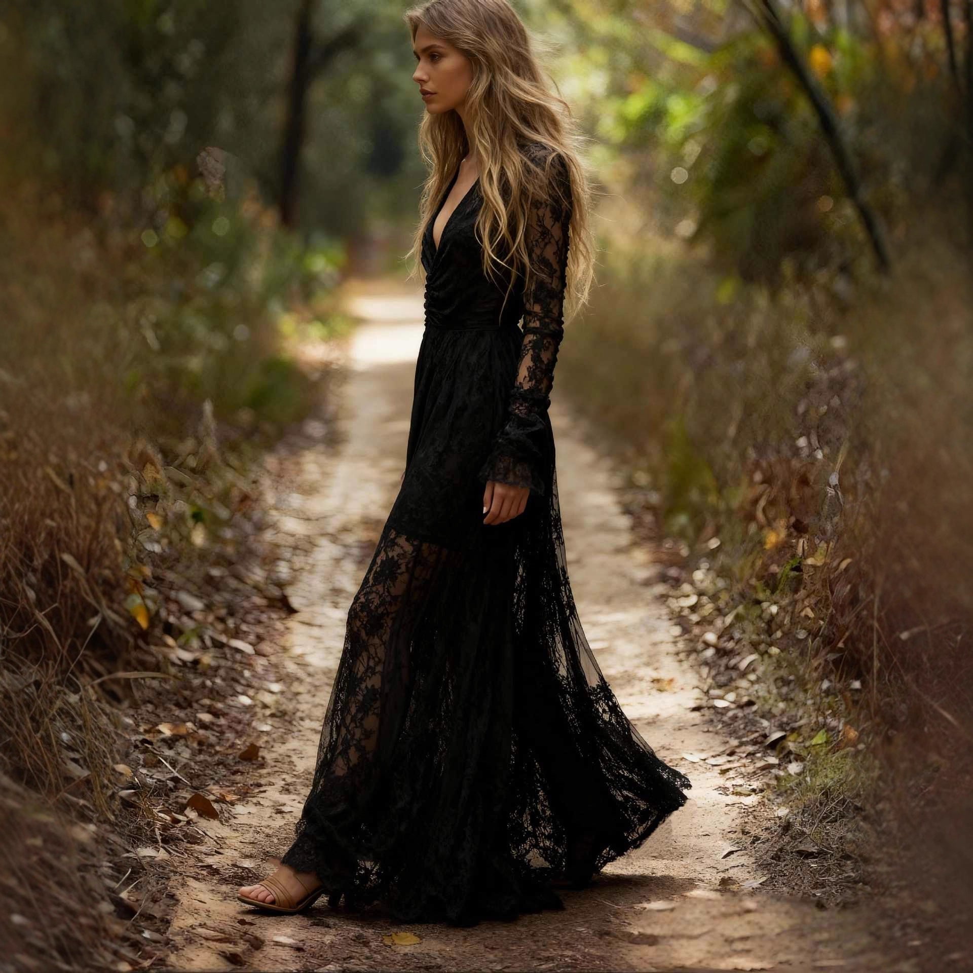 Stylish Long-sleeve V-neck Patchwork Maxi Dress