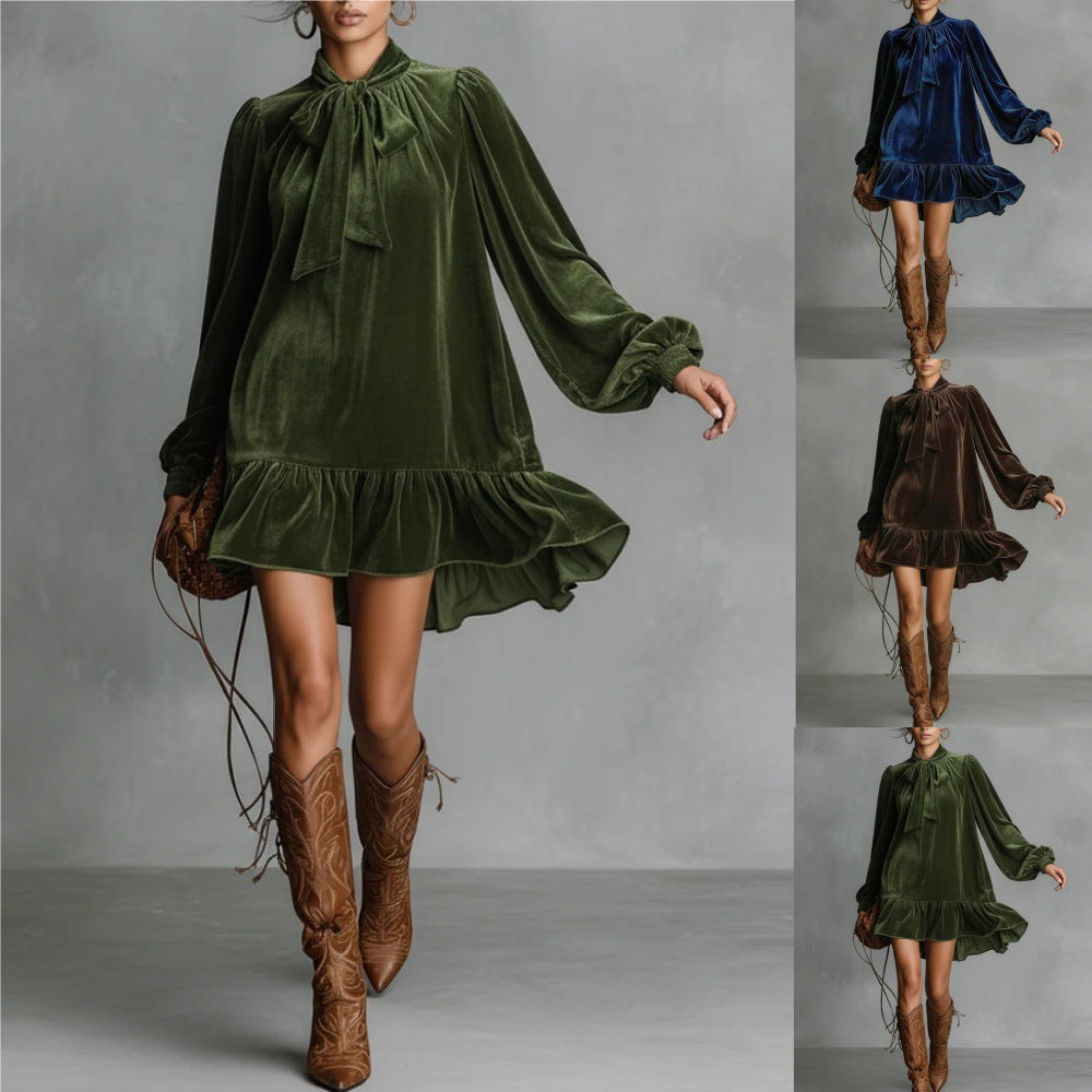 Loose-fitting Long-sleeved Solid-color Velvet Dress