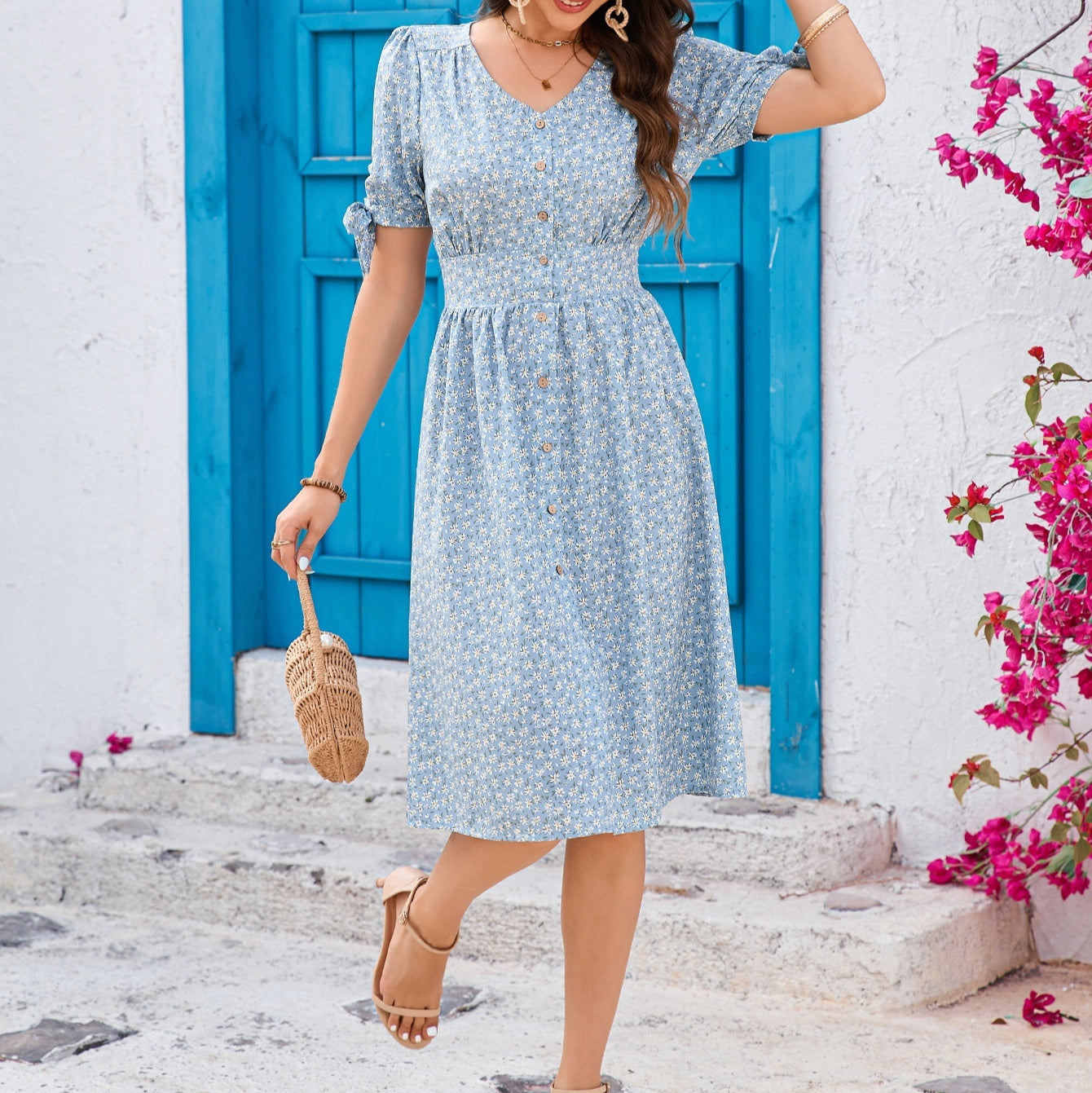 Floral V-neck Puff-Sleeve Bow-Trimmed Half-Buttoned Waist-Cinched Dress