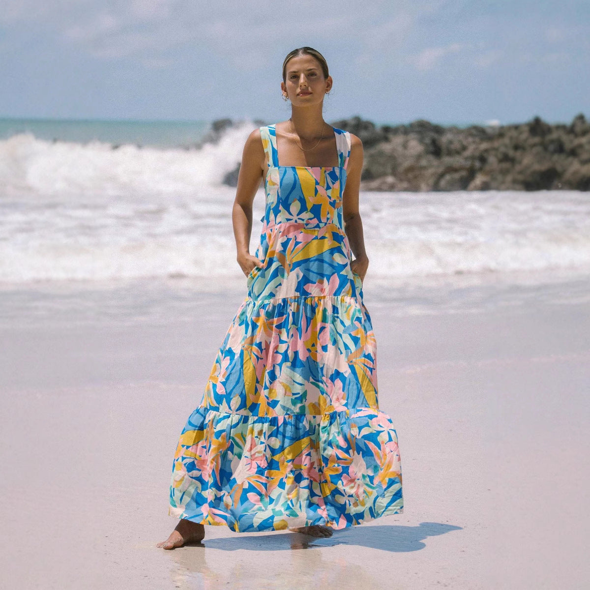 Womens Geometric Strap Bohemian Resort Maxi Dress