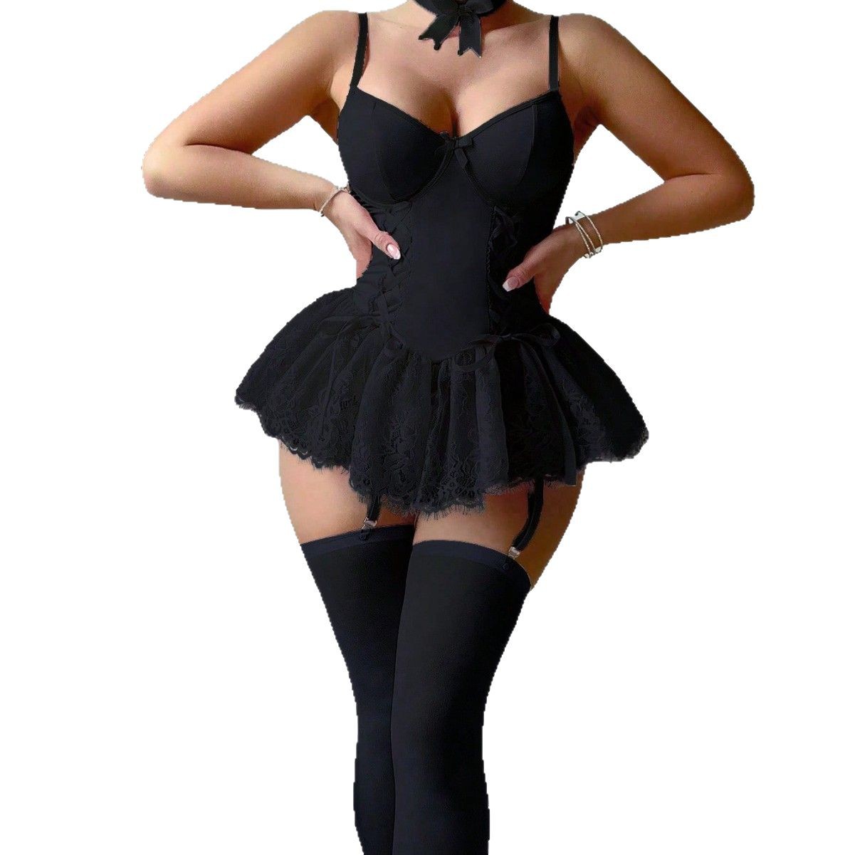 Retro Pure Style Sexy Deep V-neck Lace Dress Sexy Lingerie